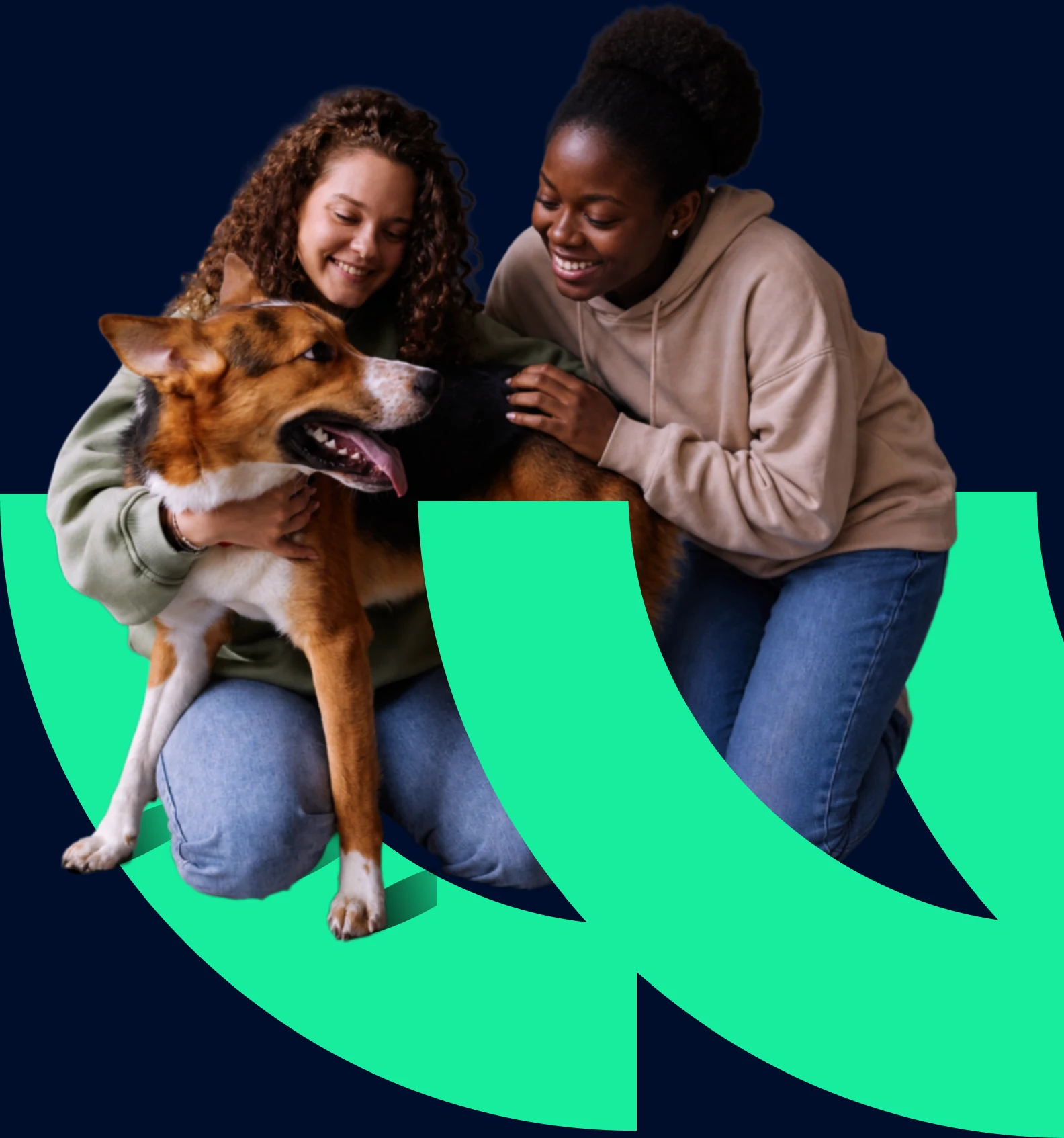 Two smiling women at home with their dog